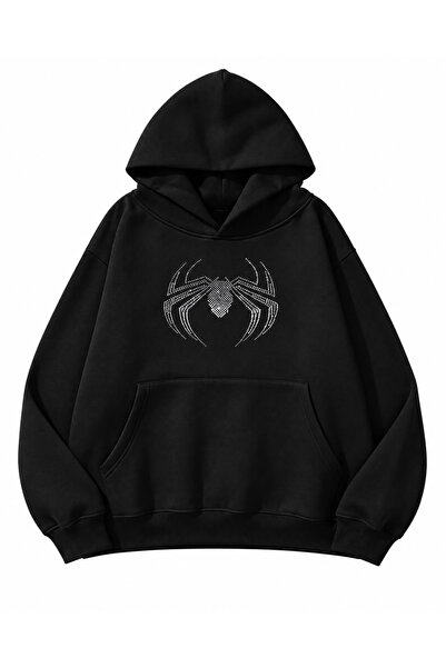 HAI COLLECTİON Kadın Taşlı Örümcek Desenli 3 İplik Oversize Hoodie – Kapüşonl...