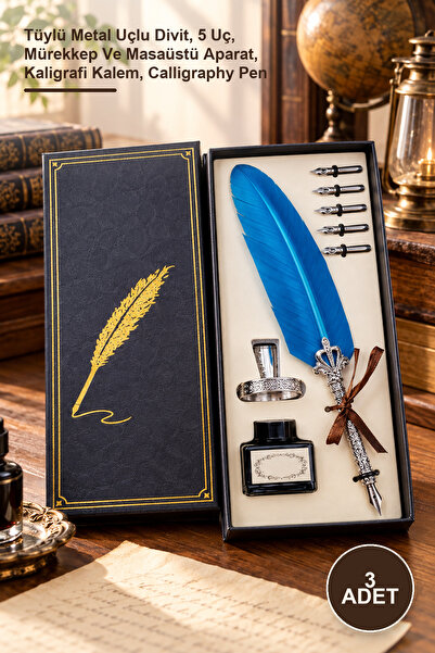 Yenilig 3-Piece Ink Dip Pen Set – Feathered Metal Nib Dip Pen, 5 Nibs, Ink an...