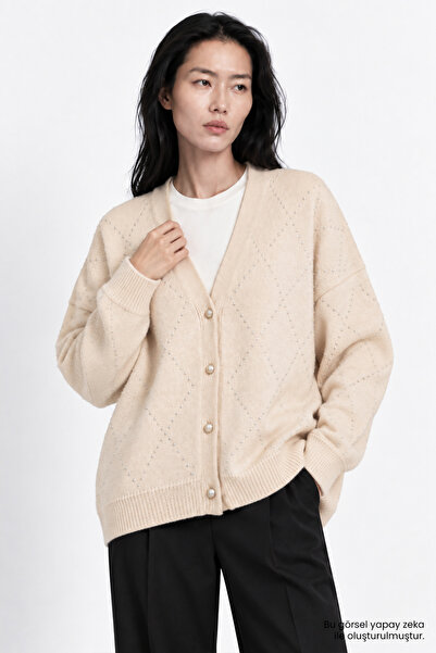 Exquise Stone Printed Wool Blend Regular Knitwear Cardigan