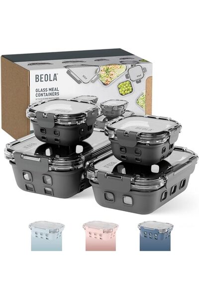 BEOLA Set of 4 Glass Food Storage Containers, Lunch Box, with Airtight Lids a...