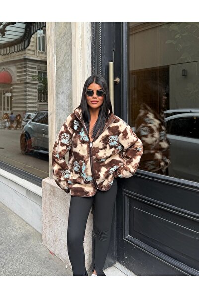 LE CARAMBOLE Kadın Krem Desenli Fermuarlı Oversize Peluş Sweatshirt