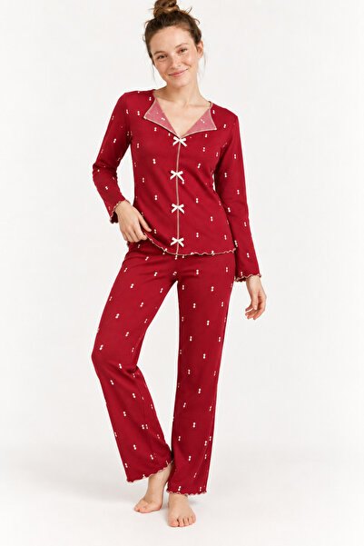 Zekalya Women's Burgundy Minimal Patterned Milan Soft Ribbon Pajama Set