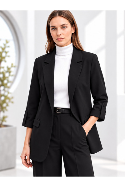 BE ATÖLYE BUTİK BE Atölye Kadın Kolu Katlamalı Cep Kapaklı Rahat Kesim Blazer...