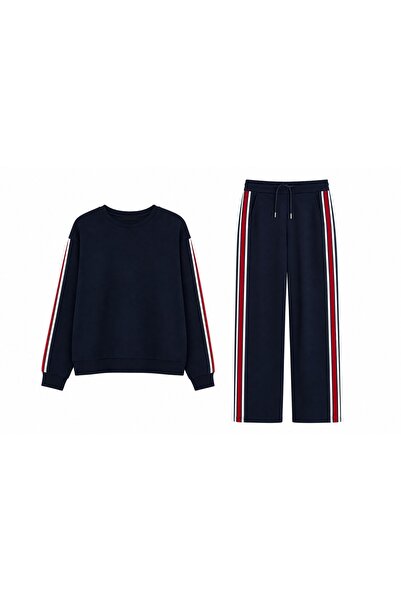 Lavanta Tekstil Navy Blue Striped Women's Sweatshirt Tracksuit Set