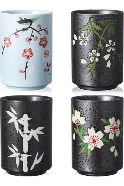 Qinyoung 4 Pcs Japanese Tea Cups Handle Less Ceramic Japanese Gifts Chinese R...