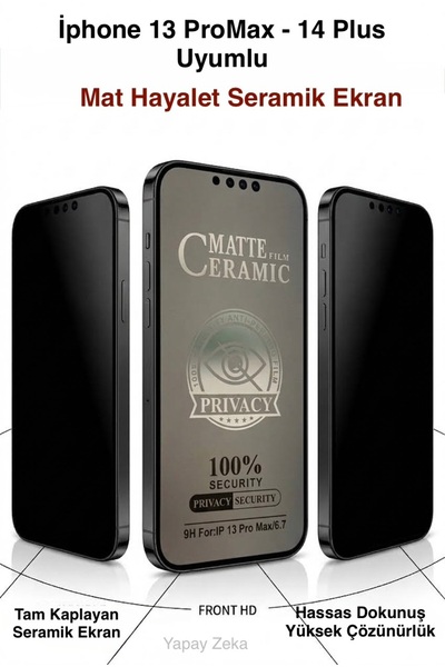 İtarz İphone 13 ProMax / 14 Plus ile Uyumlu Mat Hayalet Seramik Cam Ekran Kor...