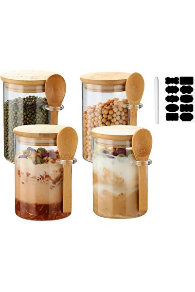 HOOKOR Round Airtight Glass Jars with Bamboo Lids and Spoons, 4Pack 18 Oz Ove...
