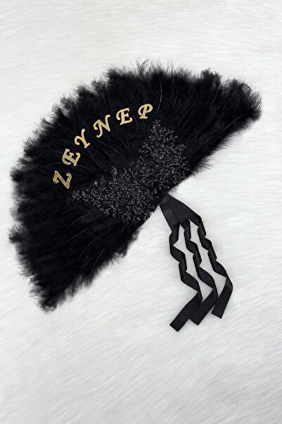 ZEYMERADE Black Bridal Fan, Sparkling Vip Pine Burl Wood with Feathers, Bache...
