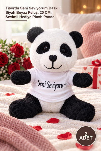 Yenilig 2 Plush Pandas – with I Love You Printed on T-Shirt, Black and White ...