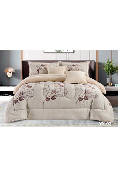 Moon Nefren Velvet and Fur Elegant Floral and Leaf Patterned Bedspread 6 Piec...