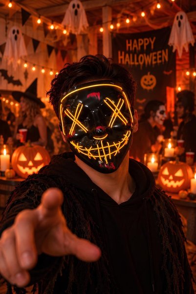 Patladı Gitti Cadılar Bayramı Sarı Neon Işıklı Korku Maskesi – Pilli Hallowee...