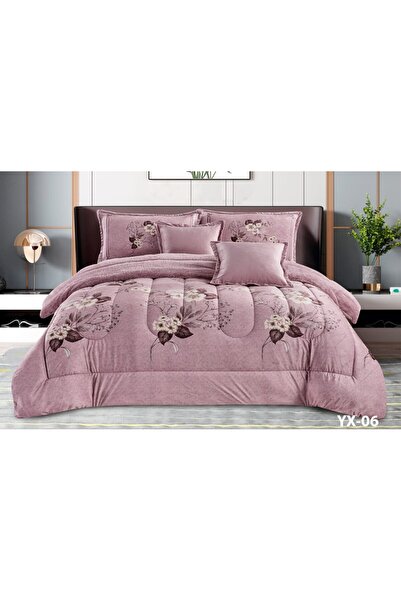 Moon Nefren Velvet and Fur Elegant Floral and Leaf Patterned Bedspread 6 Piec...