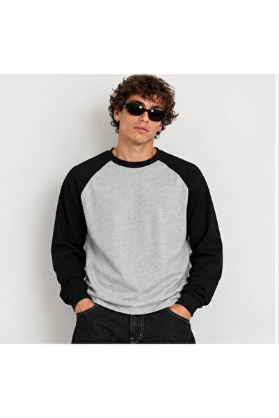 MCSPORT Erkek Gri Siyah Raglan Bisiklet Yaka Uzun Kollu Sweatshirt