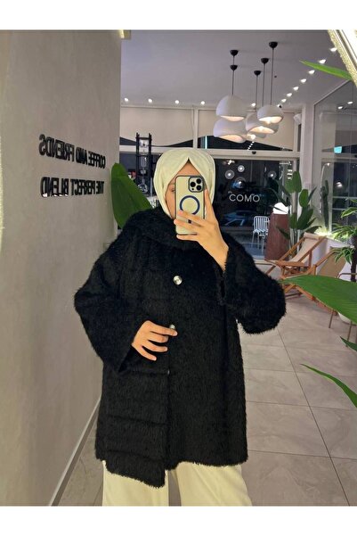 PİNK FLY Buttoned Plush Angora Coat Cardigan with Scarf