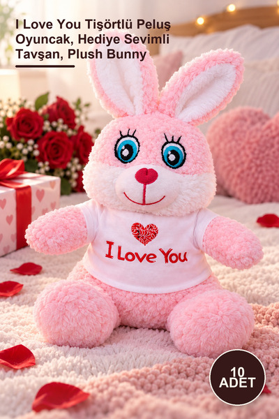 Yenilig 10 Pieces of Pink Plush Rabbit - I Love You Plush Toy with T-Shirt, G...