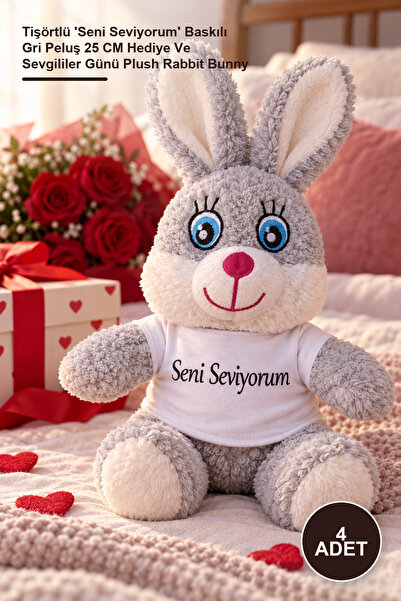Yenilig 4 Cute Plush Rabbits – Gray Plush with'I Love You' Printed on T-Shirt...