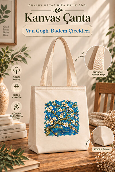 renkli izler atölyesi Kanvas Bez Çanta | Sanat Serisi | Badem Çiçekleri | Vin...
