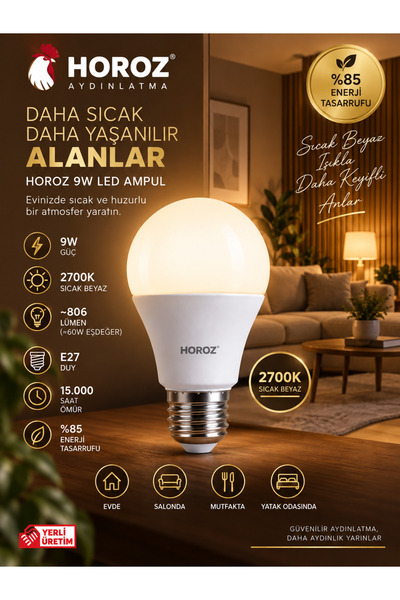 Horoz Elektrik Led Ampul E27 9w 900lm 2700k (220-240V)