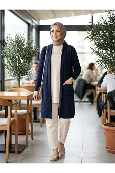 Kadın Kuşaklı Uzun Örme Cepli Selanik Doku Triko Hırka