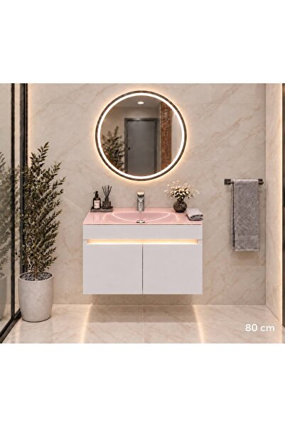 BENA Dandi Beyaz - Pembe LEDLİ Cam Lavabolu MDF Banyo Dolabı 80 CM