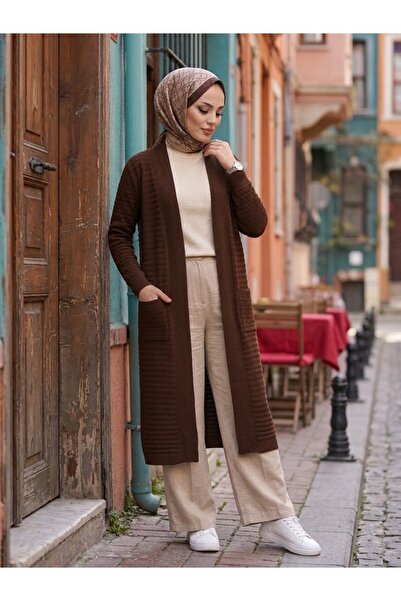 Kadın Kuşaklı Uzun Örme Cepli Selanik Doku Triko Hırka