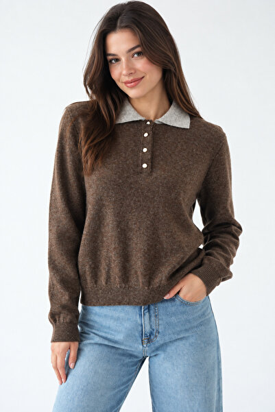 My Blog Brown-Light Beige Sweater with Colored Collar - 261107