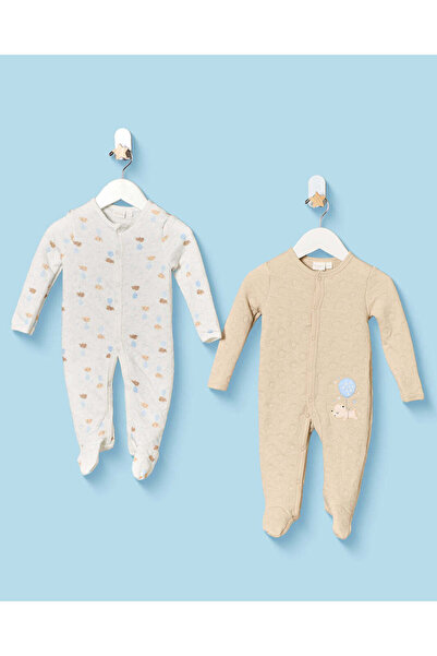 REDTAG Baby Boys Beige And Ivory Embroidered Sleepsuit Set
