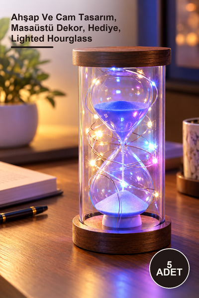 Yenilig 5 Adet Işıklı Dekoratif Ahşap Kum Saati – Ahşap Ve Cam Tasarım, Masaüstü Dekor, Hediye, Lighted Hourglass