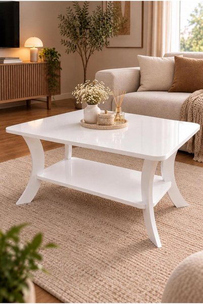 menalART Ağaç Tasarım Orta Sehpa Beyaz Dikdörtgen 90 cm Genişlik - 55 cm En - MDF Ayak 46 cm Yükseklik Modern Orta Sehpa Beyaz