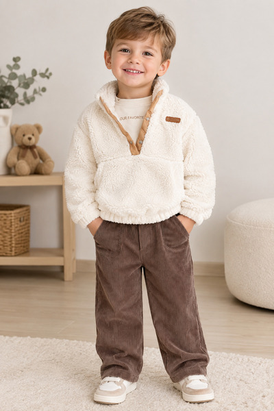 Honey Kids Erkek çocuk üçlü şık takım peluş ceketli kışlık