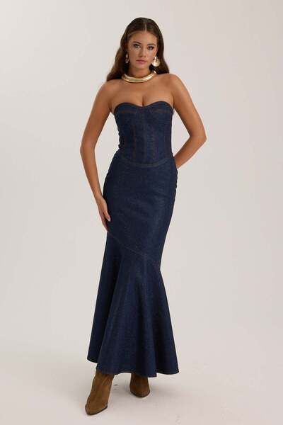 NOK İSTANBUL Iconic Diamond Jean Fleur Denim Maxi Dress DARK BLUE