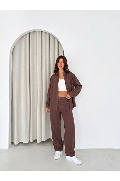 Mivida Γυναικείο Καφέ Oversize Πουκάμισο και Παντελόνι με φαρδιά μπατζάκια, Σ...