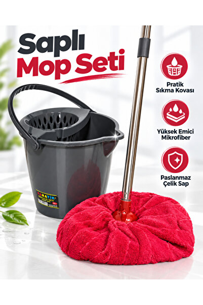 Fanatik Temizlik Mop Seti - Yuvarlak Mop ve Su Kovası Sıkma Hazneli 12 LT ve ...