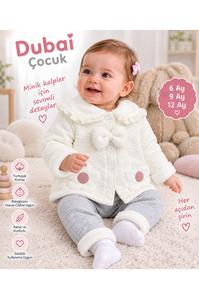 DUBAİ ÇOCUK Kız Bebek 2 Parça Peluş Detaylı Mont Pantolon Takımı 6-9-12 Ay
