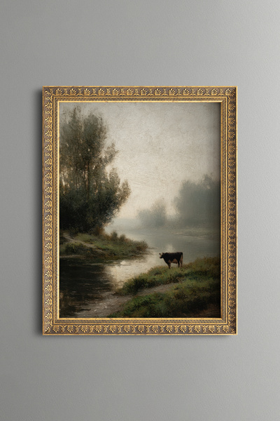 epiqart Cow on the Misty Lake Shore - Vintage Patterned Painting - Fine Model