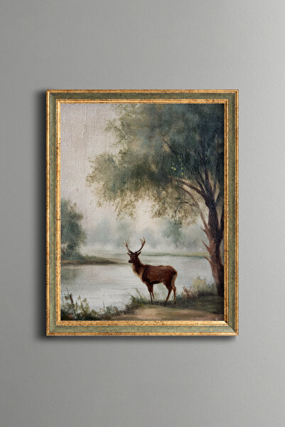 epiqart Deer on the Edge of the Forest Lake - Vintage Patterned Painting - Fi...