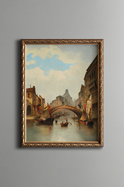 epiqart Bridge and Boats on the Venetian Canal - Vintage Patterned Painting -...