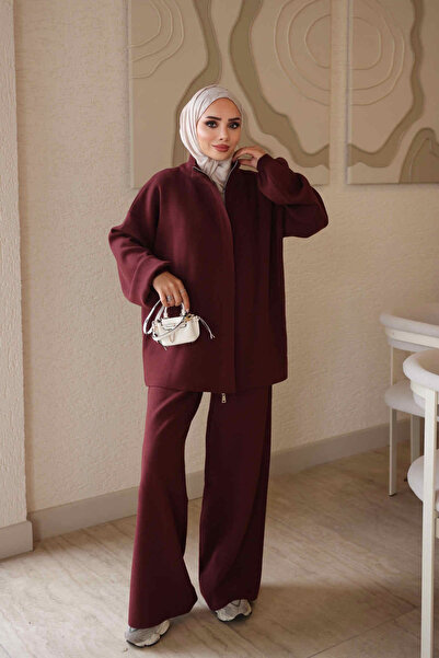 İmajButik Burgundy Zippered Corsman Cardigan and Trousers Knitwear Set