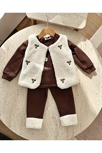hümabebe Embroidery Detail, Fur Vest, Embroidered Winter 3-Piece Baby Set