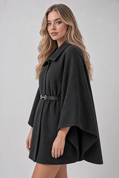 Shiron Sportswear&Company Women's Belted Black Cashmere Poncho
