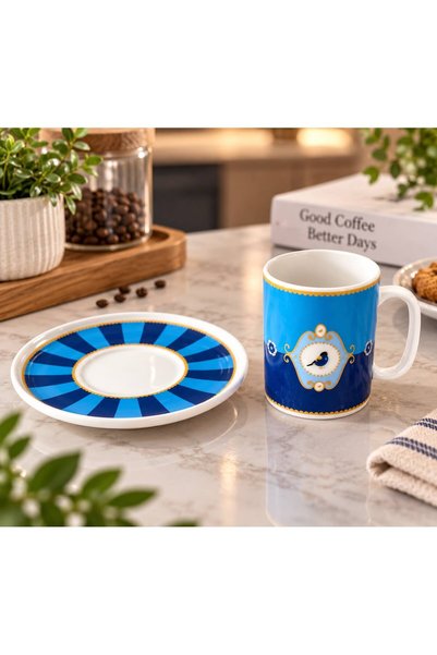 NAROVA Blue Bird Patterned Porcelain 2-Person Luxury Turkish Coffee Cup Set - Stylish Presentation Cup