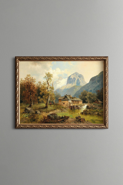 epiqart Cottage in the Mountain Village - Vintage Patterned Painting - Fine M...