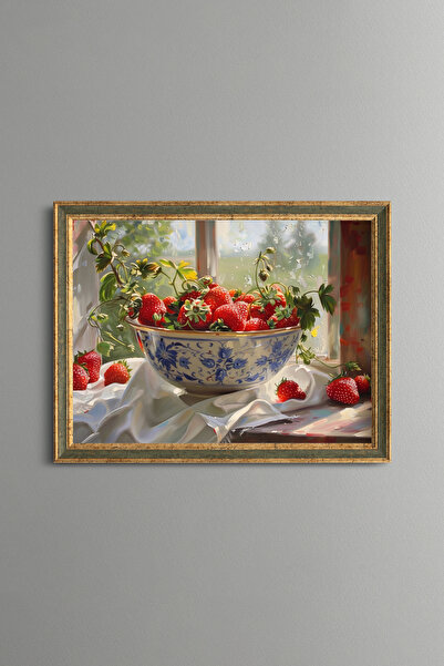 epiqart Strawberries in Blue Porcelain Bowl - Vintage Patterned Painting - Fi...
