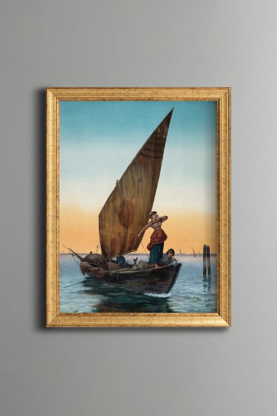 epiqart عائلة صيادين على قارب شراعي - لوحة بنمط عتيق - نموذج أنيق