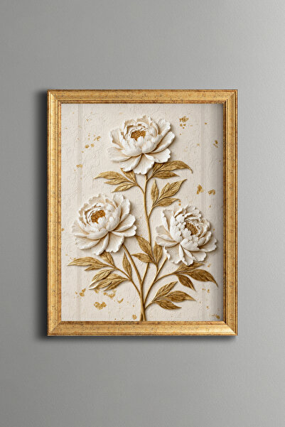 epiqart White Peonies with Golden Leaves - Vintage Patterned Painting - Fine ...