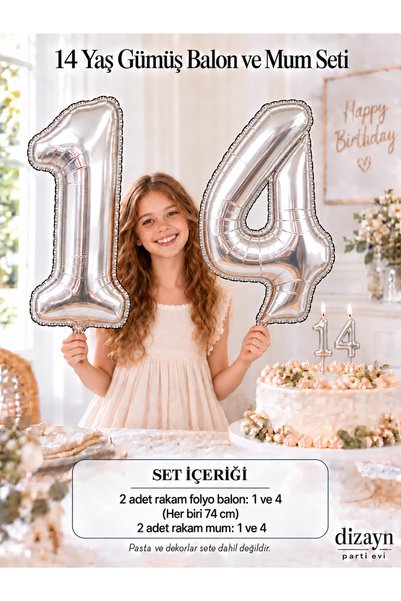 Dizayn Parti Evi 1-20 Yaş Gümüş Rakam Folyo Balon ve Rakam Mum Seti – 74 cm D...