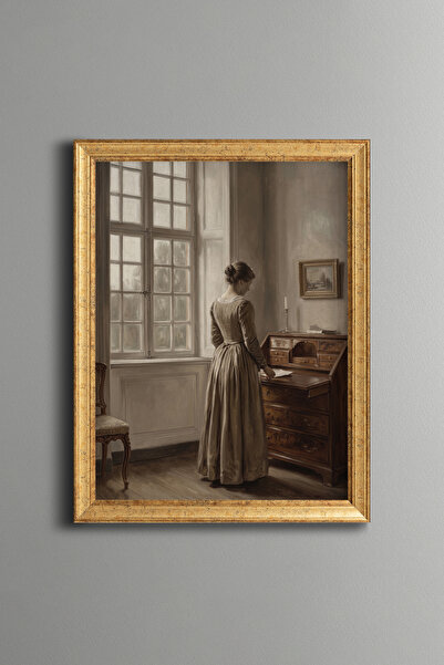 epiqart Woman at the Desk Beside the Window - Vintage Patterned Painting - Sl...