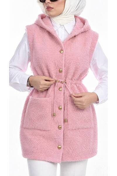 PİNK FLY Angora Hooded Women's Vest with Pockets