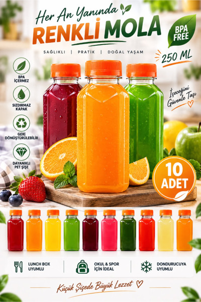 AYGÖREN HOME 10'lu Boş Meyve Suyu Şişesi - 250 ml Turuncu Kapaklı Smoothie ve...