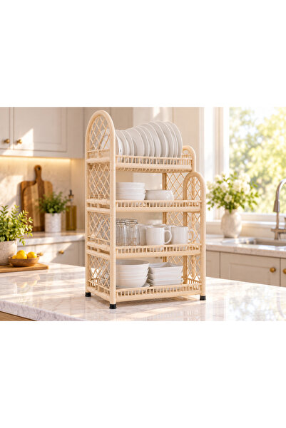 Dove Shelf Dish Storage Rack with Tray, Plastic Kitchen Dish Organizer, ,Beige